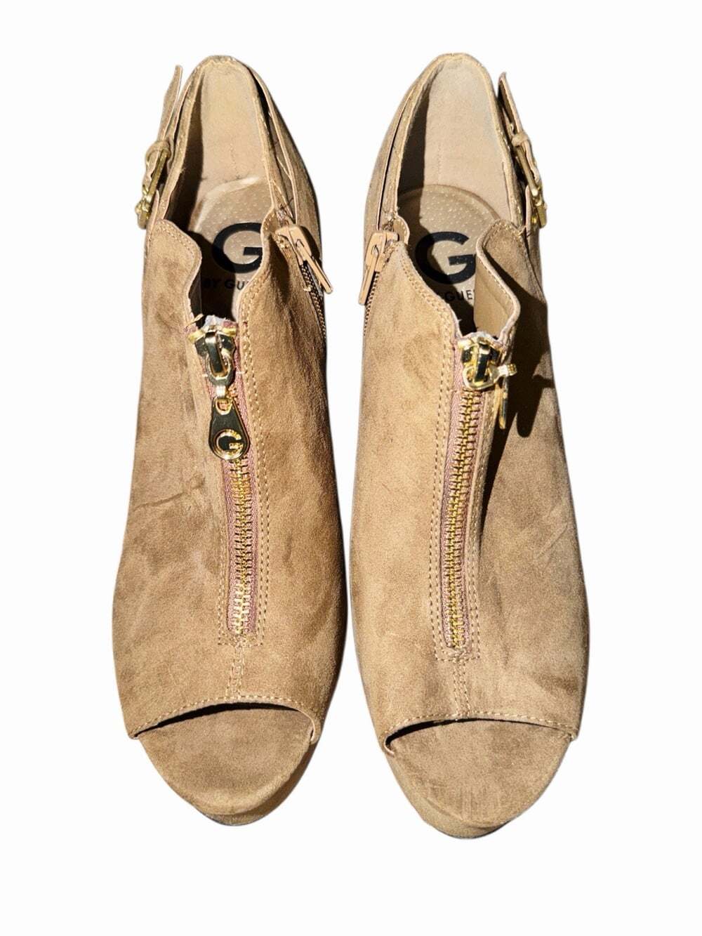 Guess Brand Taupe Peep Toe Buckle Detail Stiletto Front Zipper High Heels